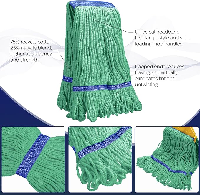 Eccliy 24 Pack Heavy Loop End Cotton String Mop Head Heavy Duty Mop Head Commercial Refills Replacement Bulk for Home Industrial Commercial Floor Cleaning (GreenBlue)