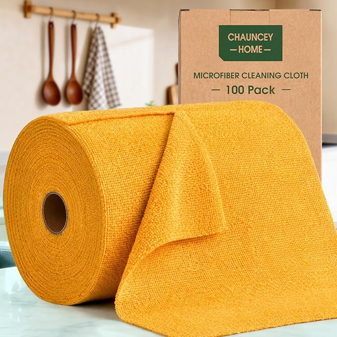 Microfiber Cleaning Cloth Roll–100 Pack Tear Away Microfiber Towels Reusable Washable Scratch-Free Kitchen Towels for Car Home Kitchen Glass Dishes(Tangerine Yellow)