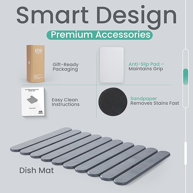 Stone Dish Drying Mat for Kitchen Counter 23.6”(L) x 15.3”(W) Collapsible Eco-Friendly Diatomaceous Mat Non Slip Quick Dry – Grey Mat for Dishes Bottles &amp Cups Matches Any Countertop