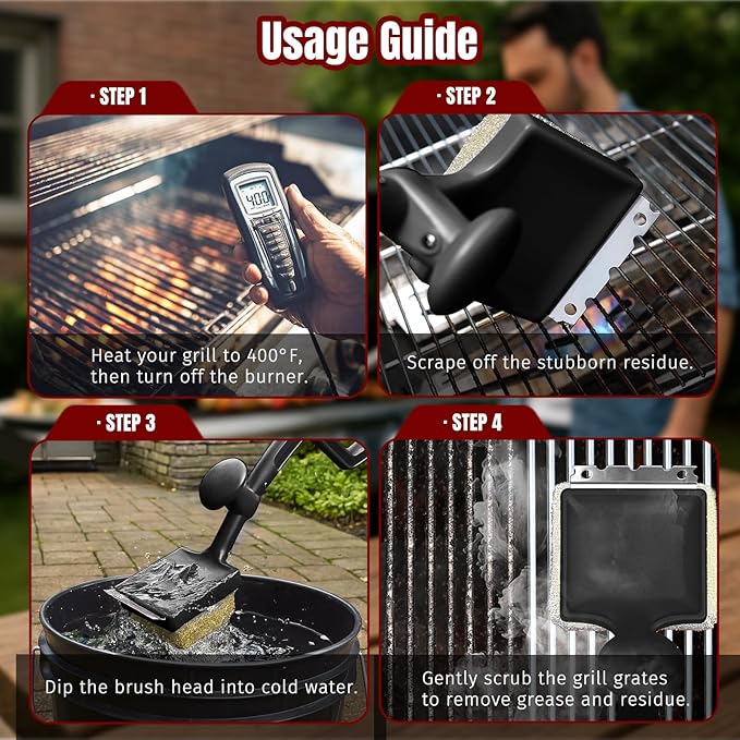 Grill Brush Bristle Free with Aramid Fiber - 600°F Heat Resistant Steam Cleaning Brush Dual Handle BBQ Grill Cleaning Brush with Scraper Replaceable Head for Outdoor Grill Weber Traeger Grates
