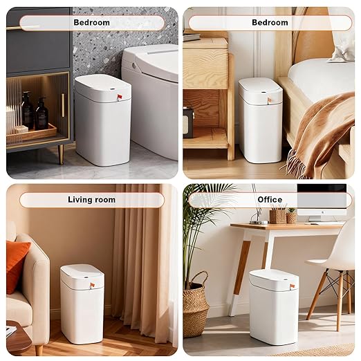 MOPUP Bathroom Trash Can Automatic Bagging Garbage Can 3.5 Gallon Slim Smart Small Plastic Trash Bin Narrow Motion Sensor Trash Can for Bedroom Office White