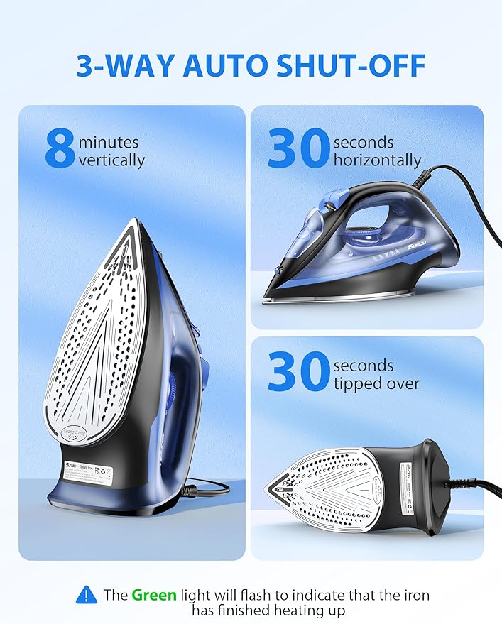 1500-Watt Steam Iron with Ceramic-Coated Soleplate and Burst Steam 3-Way Auto-Off Temperature Settings for Variable Fabric