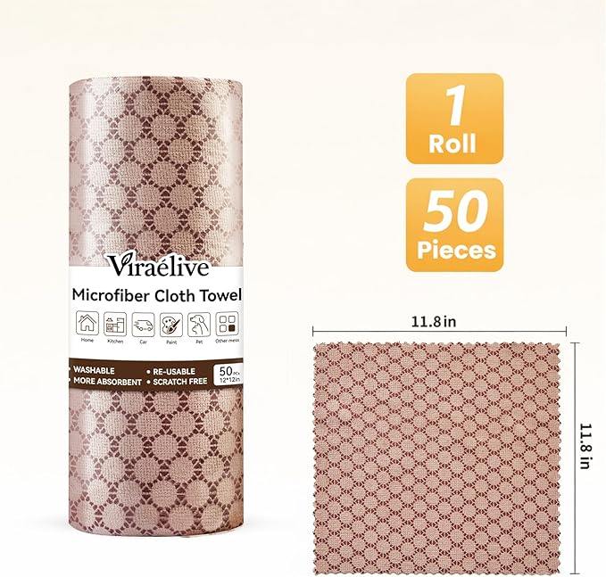 Microfiber Cleaning Cloth Roll 50-Count Reusable Durable Absorbent Lint-Free Non-Scratch Towels Dish Rags for Kitchen Home Window &amp Screens Paper Towel Alternative Brown Dot 12x12 in