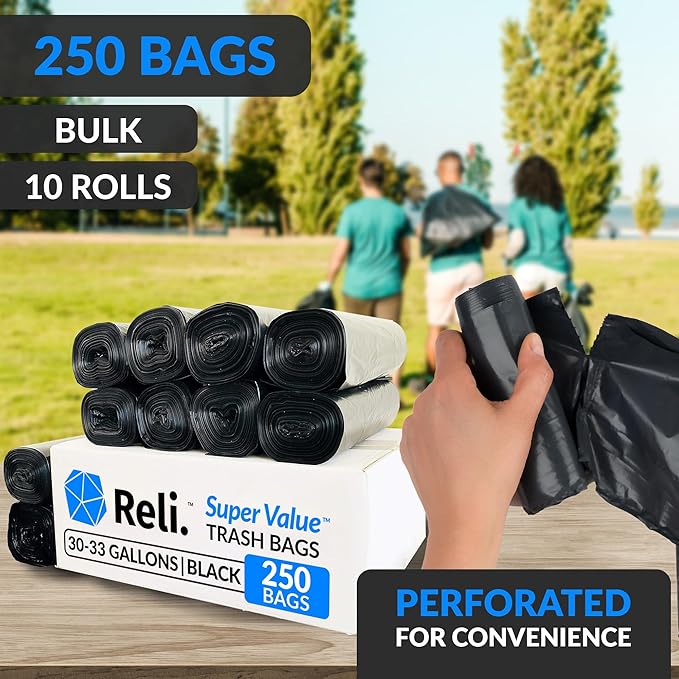 Reli. 30-33 Gallon Trash Bags Heavy Duty | 250 Count Bulk | Black Large Trash Bags 30+ 32 Gallon | Made in USA (Pack of 2)