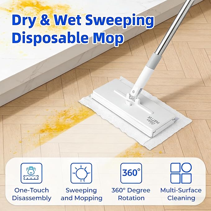 Snap Grip Mini Mop - Zero Touch No Wash Lazy Mop Compatible with Swiffer &amp Face Towels Adjustable for Wet/Dry Floors Tile Hardwood Corners (5 Reusable Cloths)