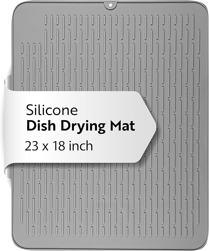 Restaurantware Comfy Grip 23 x 18 Inch Extra-Large Countertop Drying Mat 1 Food-Grade Dish Drainboard - Ribbed Design And Raised Sidewalls Waterproof Gray Silicone Draining Pad Dishwashable