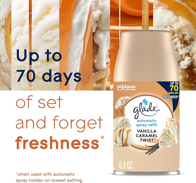 Glade Automatic Spray Refill Air Freshener for Home and Bathroom Vanilla Caramel Twist 6.2 Oz 6 Count