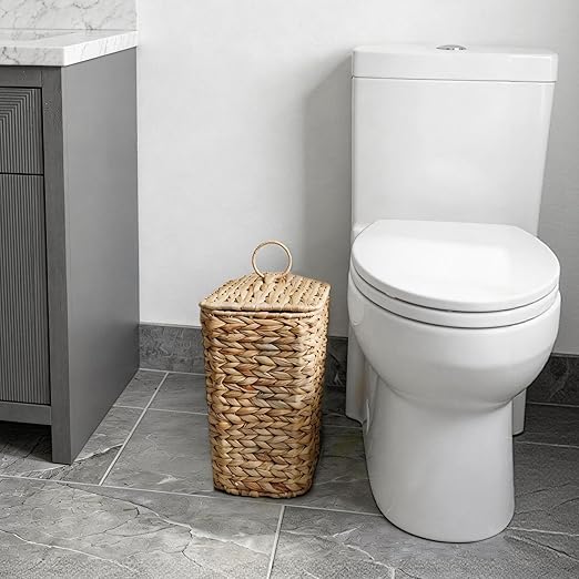 2.6 Gallon Wicker Trash Can with Lid Handwoven Water Hyacinth Wastebasket with Removable Plastic Inner Bin Small Decorative Rattan Trash Can for Bathroom Bedroom Office Kitchen