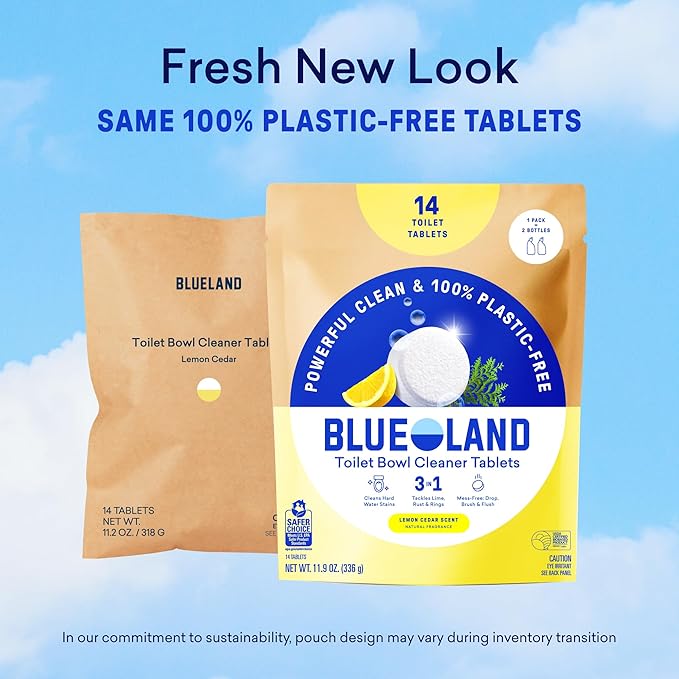 BLUELAND Toilet Bowl Cleaner Tablets 2-Pack 28 Count Lemon Cedar Plastic-Free No Harsh Chemicals Plant-Based
