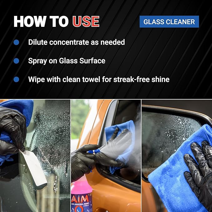 AIM Chemicals Ammoniated Glass Cleaner Concentrate - Streak-Free Shine for Windows Cars Homes Offices - Dilutes 10:1 - Removes Dirt Grime Fingerprints - Ideal for Glass Spray Bottles - Gal