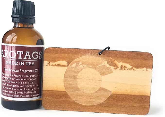 Arotags Colorado Wooden Car Air Freshener - Long Lasting Cool Breeze Scent Diffuses for 365+ Days - Includes Hanging Mirror Diffuser and Fragrance Oil - 100% American Made