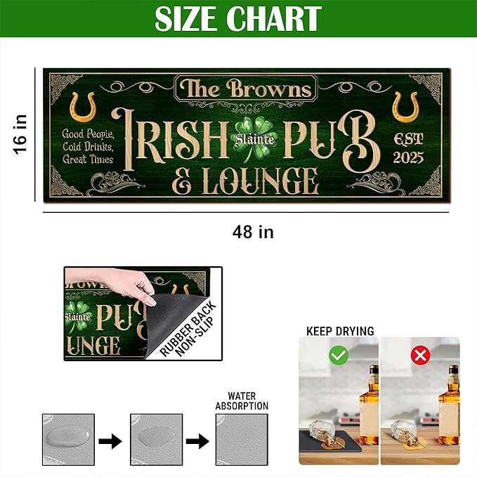 THUYPT Personalized Irish Bar Mat Dish Drying Mat for Irish Pub St Patrick's Day Decor Bar Shamrock Spill Mat Kitchen Counter Accessories Home Bar Decor St Patrick's Day (06)