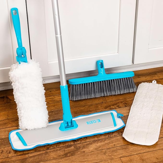 E-Cloth Easy-Click Home Cleaning Supplies Set - Dust Broom &amp Flat Mop Kit for Floor Cleaning Wall Ceiling &amp Floor Duster Adjustable Handle Interchangeable Heads Washable Pads No Refills