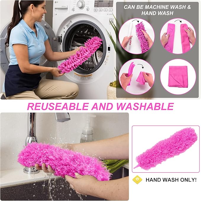 Microfiber Dusters for Cleaning Feather Dusters with Extension Pole Bendable &amp Washable Dusters for High Ceiling Fan Blinds Cars Furniture Cleaning Tools Kit Pink Gift for Women (15 PCS)