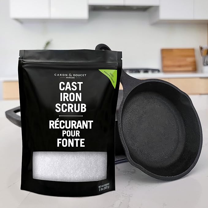 CARON &amp DOUCET - Cast Iron Care Seasoning Bundle - CastIron Oil &amp Cast Iron Scrub - 100% Plant Based Formulation - Helps Maintain Seasoning on All Cookware (8 fl oz &amp 1 lb)