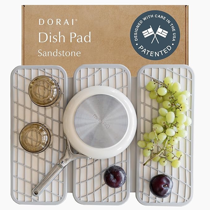 Dorai Home Dish Pad - Collapsable Stone Dish Drying Mat with Diatomaceous Earth for Quick Drying - Ultra Absorbent - Encased in Woven Silicone - Eco-Friendly Foldable - Original 19.9x15.2 Sandstone