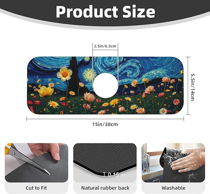 Starry Night Flowers Dish Drying Mat for Kitchen Counter 16x18 Microfiber Absorbent Fast Dry Mat 2Pcs Dish Mat Faucet Mats Sets Large Drying Kitchen Mat Kitchen Drying Pad