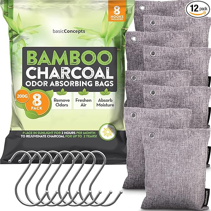 Nature Fresh Charcoal Bags Odor Absorber (Large 12 Pack 200g each) Reduce Odors Naturally with Bamboo Charcoal Air Purifying Bags for Car Home Closet Shoe Deodorizer Eliminator Freshener Remover
