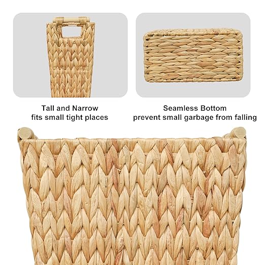 6 Gallon Wicker Trash Can with Wooden HandleWicker Waste Basket for BathroomBedroomLarge Narrow Water Hyacinth Trash BasketRattan Boho Decor Farmhouse Bathroom Trash Can