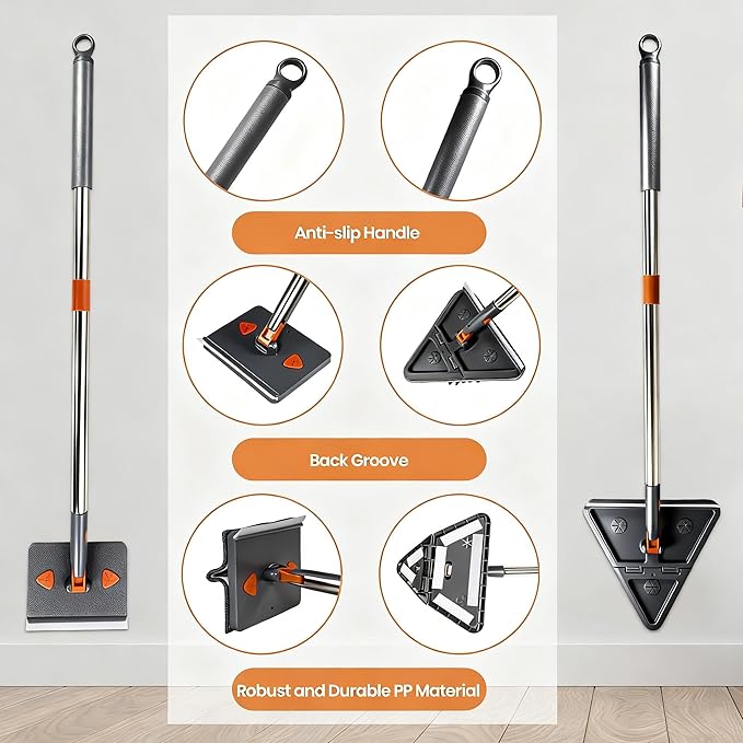 85'' Wall &amp Ceiling Mop with Long Handle Wall and Baseboard Cleaner Tool 2 Mop Heads (Triangle Corner + Square) 8 Reusable Washable Pads (Chenille/Microfiber/Scrub) for Shower Walls Tile Floo
