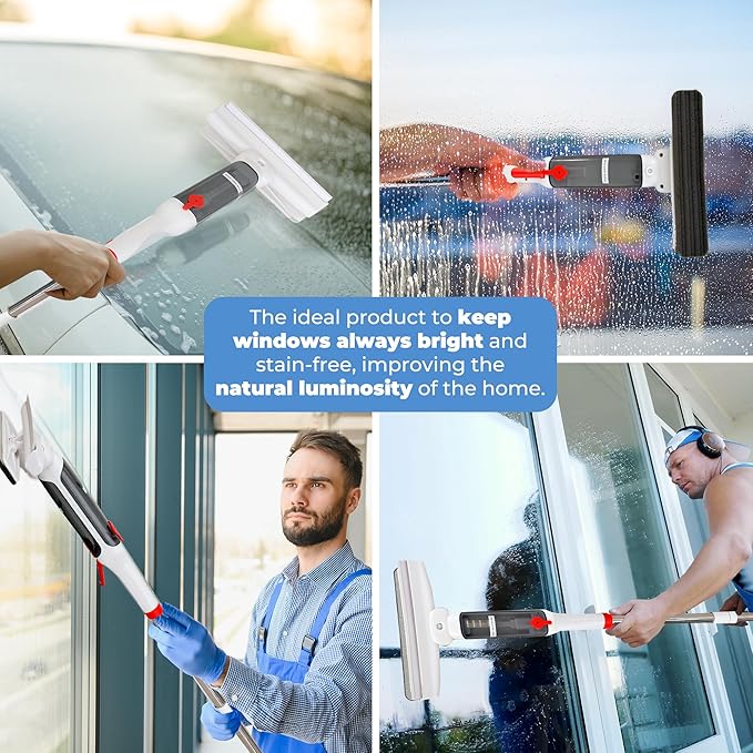 Window Cleaner with Front and Rear Cleaners + Expandable Sprayer - Window Vacuum Squeegee - Complete Kit for Glass Windows and Mirrors Quick Drying- Window Cleaner Tool - Car Window Cleaner Spray