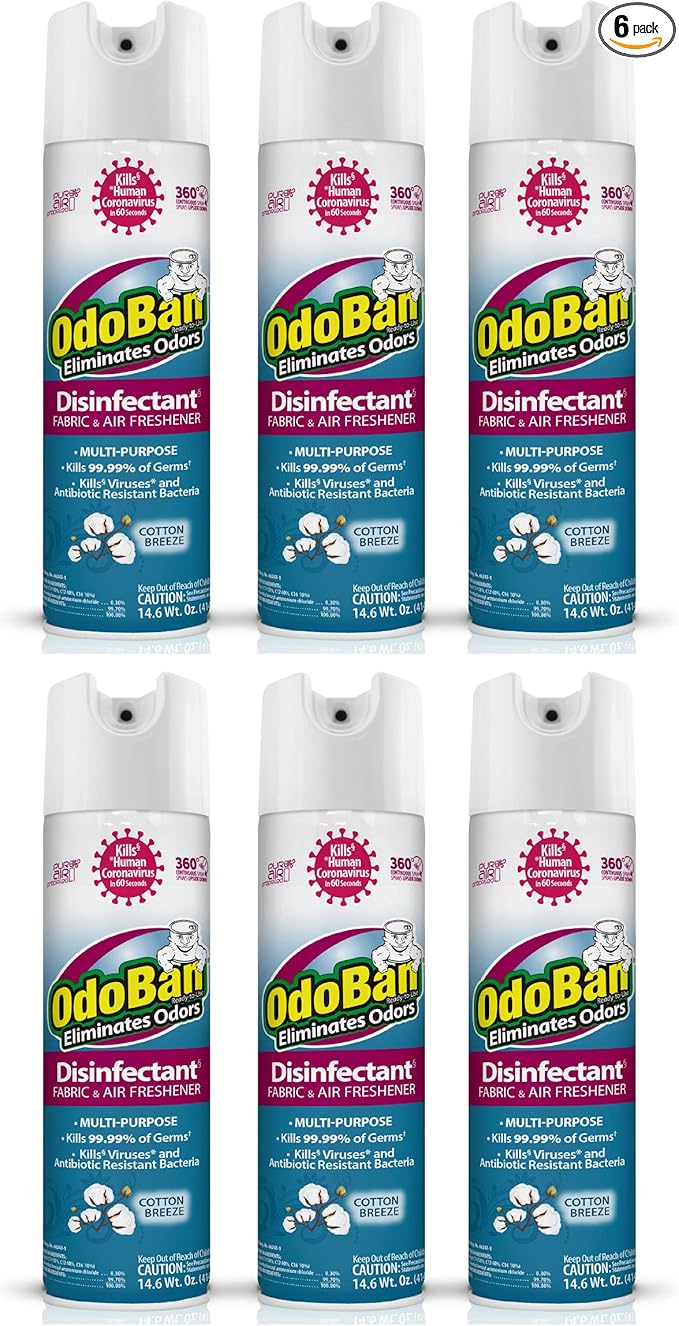 OdoBan Ready-to-Use 360-Degree Continuous Spray Disinfectant &amp Harsh Aroma Eliminator Fabric &amp Air Freshener Made in the USA Cotton Breeze Scent 14.6 Ounces 6 Pack