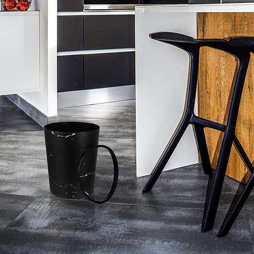 Black Marble Small Wastebasket with Press Ring Plastic Home Office Trash Can for Bathroom Storage and Recycling