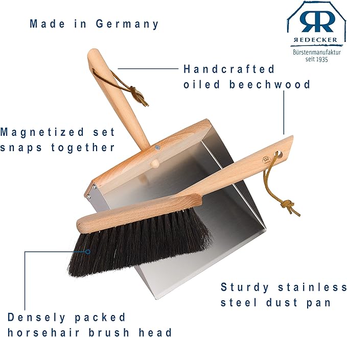 REDECKER Horsehair Fiber Hand Brush and Dust Pan Set Heavy Duty Broom and Dustpan Combo for Home and Outdoor Oiled Beechwood Handles Stainless Steel Dust Pan Made in Germany 14-1/8-Inches
