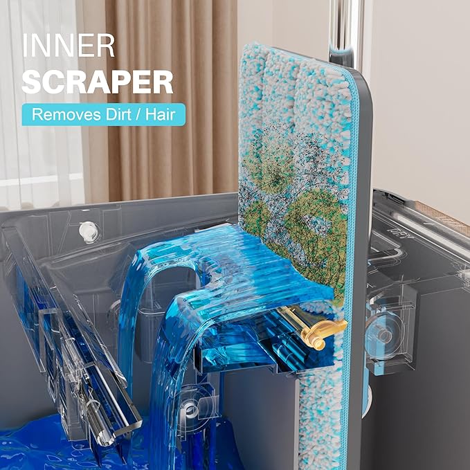 JOYMOOP Mop and Bucket Set with Wringer Mops for Floor Cleaning Wall Mop Cleaner with Long Handle with 4 Reusable Microfiber Mop Pads - Grey+Cyan Blue