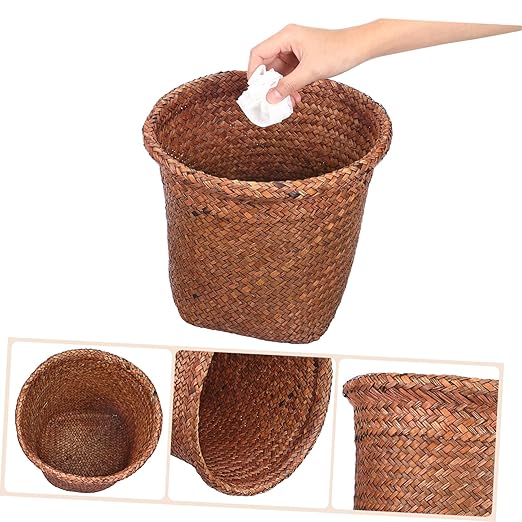 PATKAW Round Basket Woven Wastebasket 1 Pc Straw Trash Cans Wicker Waste Basket Office Waste Basket Laundry Basket for Used to Store Plants Waste Paper and Clothing Baskets S Rattan Waste Bin
