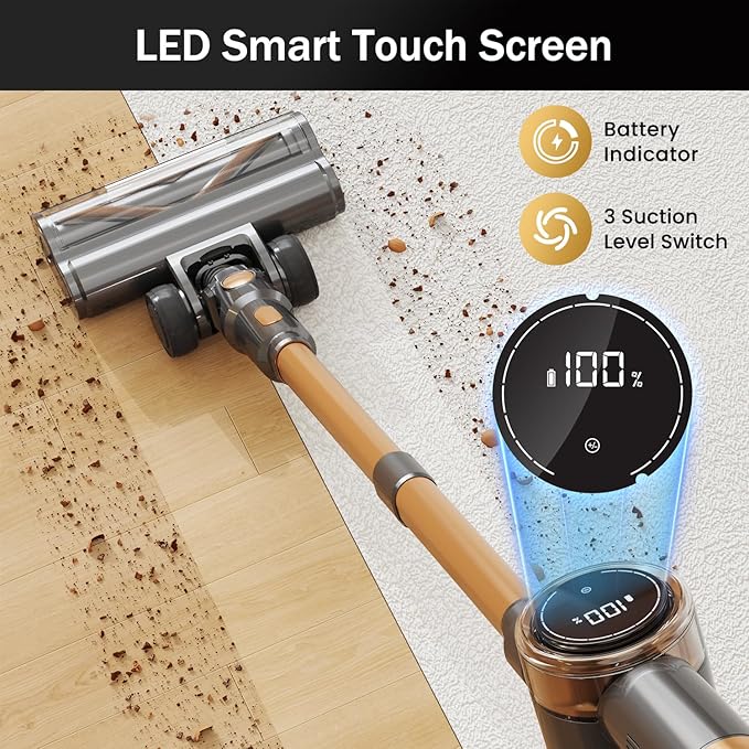 Cordless Vacuum Cleaner 10-in-1 Lightweight Stick Vacuum with 45mins Runtime Powerful Suction LED Touch Screen Rechargeable Vacuum Cleaners for Home Hardwood Floor Carpet Pet Hair (Gold)