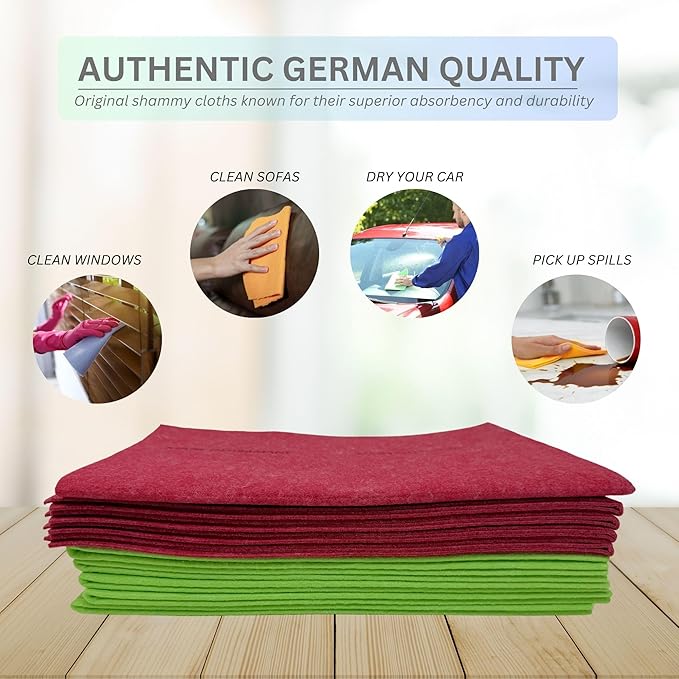 10 Pack Extra Large Original German Holiday Shammy Cloths Chamois Towels Super Absorbent for Pets Parenting Tool Cleaning for Home and Commercial Use Wholesale Bulk (Red and Green)