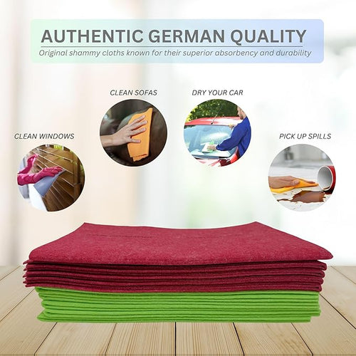10 Pack Extra Large Original German Holiday Shammy Cloths Chamois Towels Super Absorbent for Pets Parenting Tool Cleaning for Home and Commercial Use Wholesale Bulk (Red and Green)