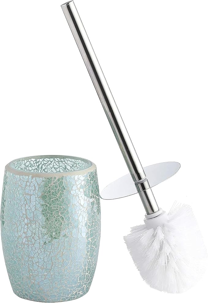WHOLE HOUSEWARES Modern Toilet Brush Set Turquoise (1 Glass Mosaic Bathroom Accessory)