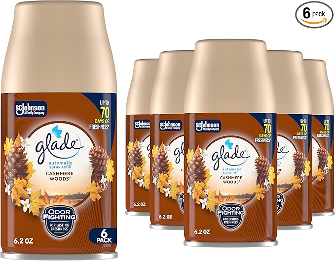 Glade Automatic Spray Refill and Holder Kit Air Freshener for Home and Bathroom Cashmere Woods 6.2 Oz 6 Count