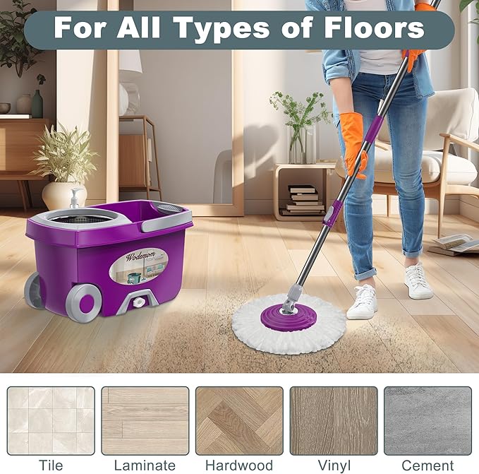 Dual Compartment Spin Mop and Bucket Mop and Bucket with Wringer Set360°Rotating Spinning Mopping for Floor Cleaning with 6 Microfiber Replacement Heads 61 Extended Handle 2X Wheel
