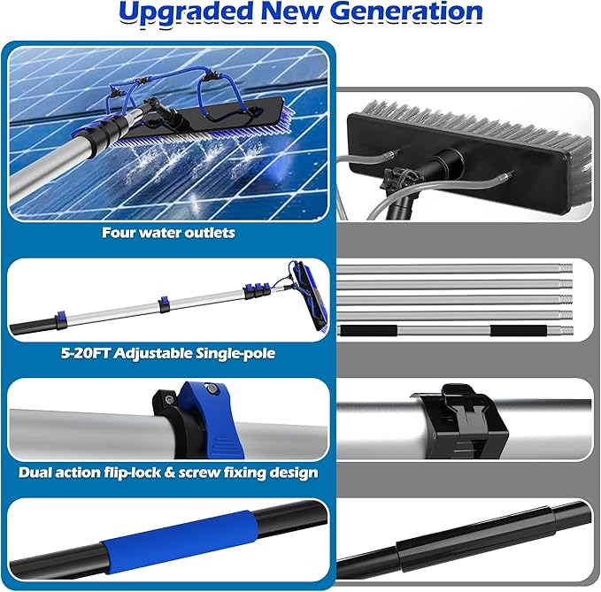 26Ft Reach Solar Panel Cleaning Brush Kit with 5-20ft Telescoping Pole - Telescopic Extension Pole with Dual Action Flip-Lock &amp Screw Fixing Design Ideal for Snow Removal Windows Boats RVs De
