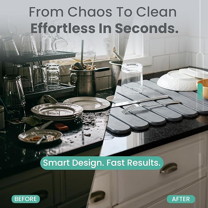 Stone Dish Drying Mat for Kitchen Counter 23.6”(L) x 15.3”(W) Collapsible Eco-Friendly Diatomaceous Mat Non Slip Quick Dry – Grey Mat for Dishes Bottles &amp Cups Matches Any Countertop