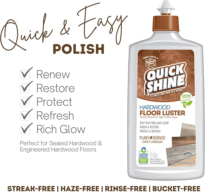 Quick Shine Hardwood Floor Clean + Polish Mop Kit w/ 3 Reusable Pads &amp 1-16 oz. Floor Luster w/Plant-Derived Carnauba | Use Wet + Dry | Safer Choice pH Neutral Ready to Use Formula