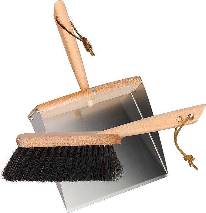 REDECKER Horsehair Fiber Hand Brush and Dust Pan Set Heavy Duty Broom and Dustpan Combo for Home and Outdoor Oiled Beechwood Handles Stainless Steel Dust Pan Made in Germany 14-1/8-Inches