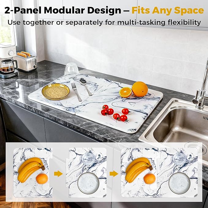 Stone Dish Drying Mat for Kitchen Counter Large 24 x 16 Quick Drying Diatomaceous Earth 2-Panel Countertop Mat Heat-Resistant Kitchen Stone Drying Mat