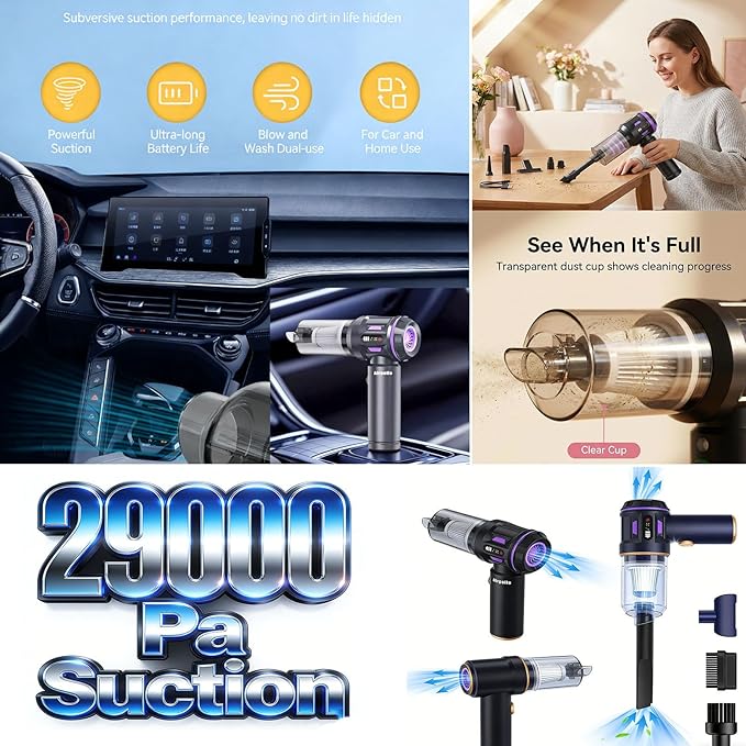 Airpollo® Car Vacuum Portable Cordless Handheld Cleaner Aspiradora para Carro 4 in 1 with LED Screen V2 Portable 29000 Pa Suction Air Blower Rechargeable High Power for Home Long Lasting Battery