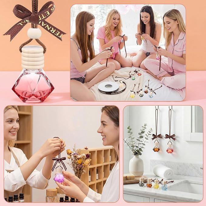 Mudder 50 Pcs Gradient Hanging Car Air Freshener Empty Clear Glass Diffuser Bottles for Essential Oils Perfume Pendant for Women Guests Wedding Favors Employee Appreciation Gifts(RhombusColorful)