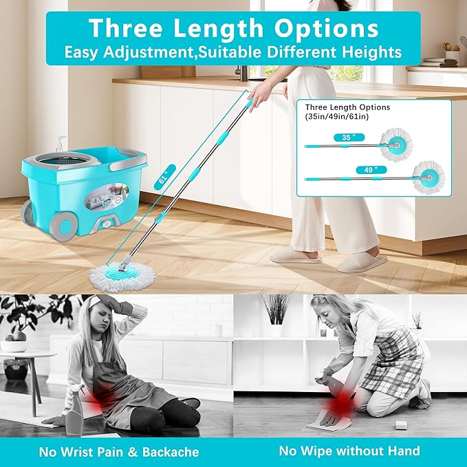 FunClean Spin Mop and BucketMop and Bucket with Wringer Set for Home360 Spinning Mopping Floor Cleaning Tool with 6 Microfiber Replacement Head Refills61 Extended Handle 2X Wheel - Blue