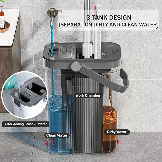 Mop and Bucket Set 3-Tank Flat Mop and Bucket System for Separate Dirty &amp Clean Water 65 Mops for Floor Cleaning with 4 Washable Pads Safe for Hardwood Vinyl Tile Baseboards Walls