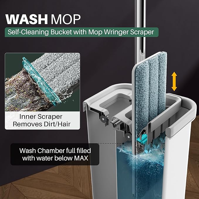 JOYMOOP Mop and Bucket with Wringer Set Hands Free Flat Floor Mop and Bucket with 8 Washable Microfiber Pads Wet and Dry Use Floor Cleaning System