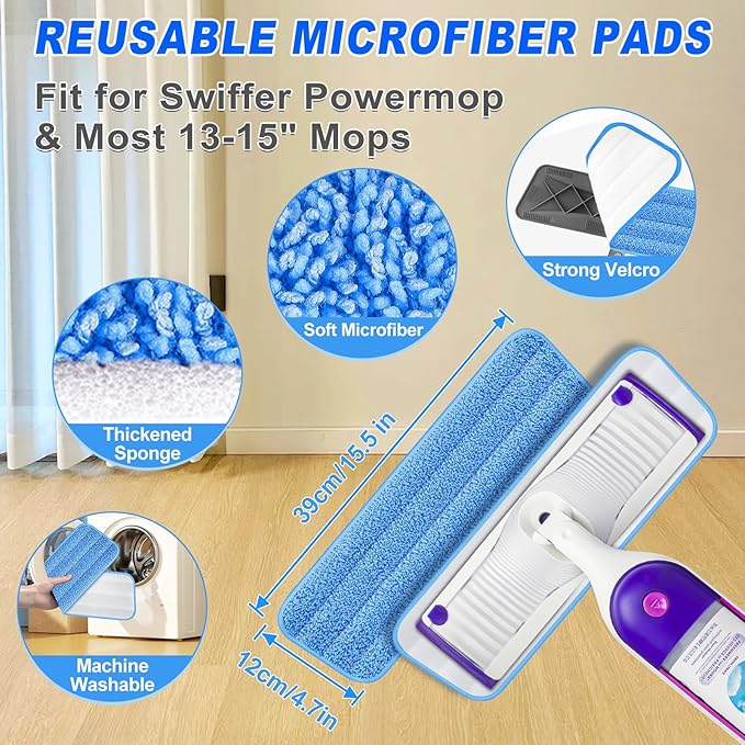 Grey Flat Floor Mop with 4 Reusable Microfiber Pads for Dusting + Purple Flat Floor Mop with 4 Washable Microfiber Pads for Mopping