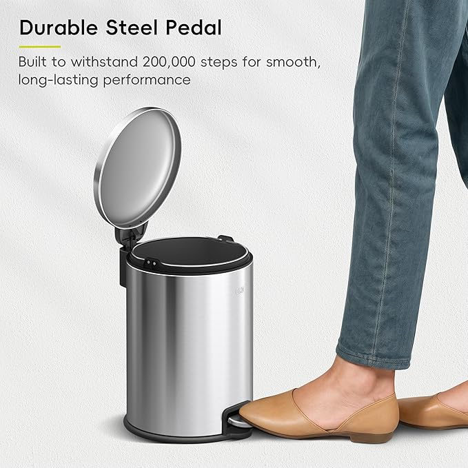EKO Serene 5L / 1.32 Gallon Step Trash Can with Lid Small Stainless Steel Round Garbage Can with Removable Inner Bucket Compact Bin for Powder Rooms Offices &amp Tight Bathroom Spaces.