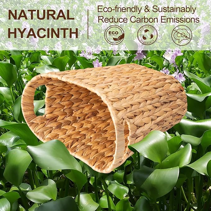 FairyHaus Wicker Trash Can with Handles Natural Water Hyacinth Wicker Waste Basket Handwoven Wicker Trash Basket for Bathroom Bedrooms 13 L x 7.5 W x 12.2 H