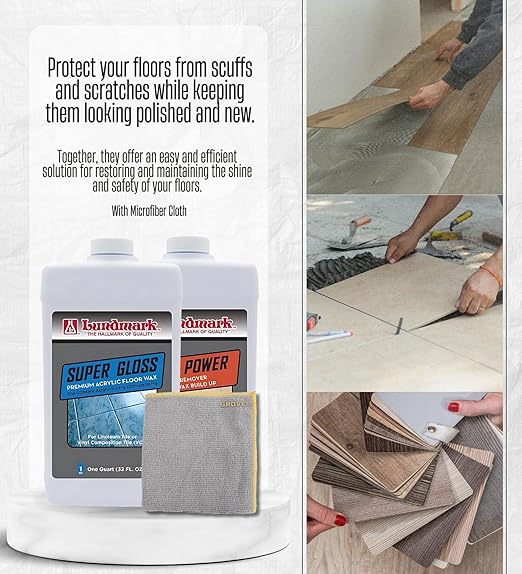 Lundmark Super Gloss Anti-Slip Floor Wax Liquid 32 oz + Wax Remover 1 qt Bundle with Microfiber Cleaning Cloth – Enhances Shine and Provides Long-Lasting Protection – Gift Set (3 Items)
